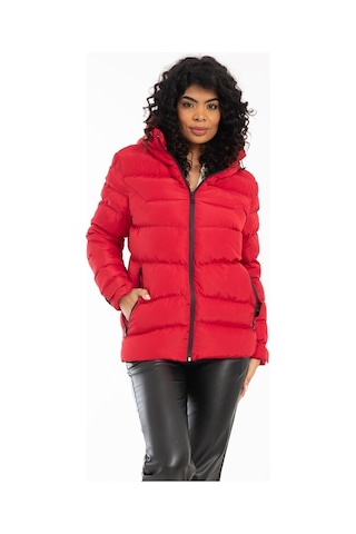 Kadın Kırmızı Kapüşonlu Içi Polarlı Kürklü Su Geçirmez Rüzgara Dayanıklı Şişme Mont Kırmızı