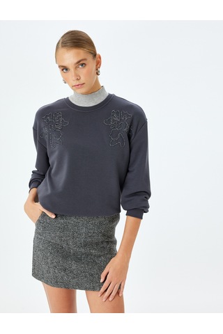 Koton Koton X Şahika Ercümen - Uzun Kollu Bisiklet Yaka Taşlı Oversize Sweatshirt Antrasit 5wak10502ek Antrasit