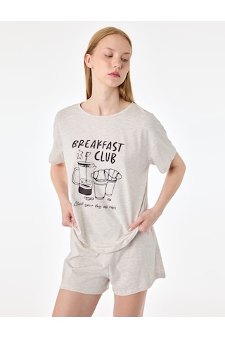 Koton Baskılı Kısa Kollu Bisiklet Yaka Pamuklu Şortlu Pijama Takımı Bej Melanj 7wlk40265mk