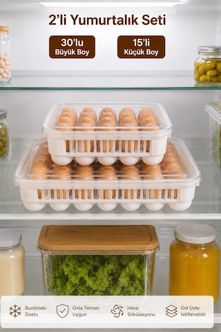 Porsima Peggy 45'li Yumurtalık Seti 15'li + 30'lu Yumurtalık, Buzdolabı Uyumlu Yumurta Saklama Kabı, Bpa İçermez, Kapaklı Yumurta Kutusu Yumurtalık Buzdolabı Organizeri Saklama Kabı Beyaz