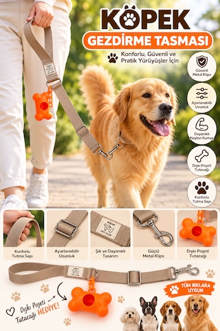 Aibar Premium Köpek Gezdirme Tasması - Dışkı Poşeti Tutacağı Hediyeli Bej