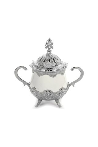 Kapaklı Ve Kaşıklı Lüks Porselen Şekerlik Lokumluk Gümüş