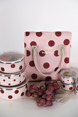 Emaylabxpeppythings Cherry 3 Lü Set Emaye Saklama Kabı, Emaye Kahvaltılık & Termal Taşıma Çantası 10 Litre Pembe - Bordo