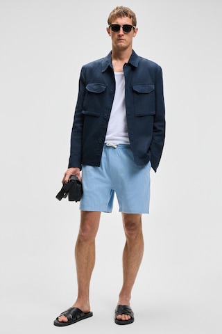 Grımelange LEYTON Erkek Relaxed Fit Çift Cepli Beli Lastikli Keten Karışımlı Dokuma Mavi Şort & Bermuda