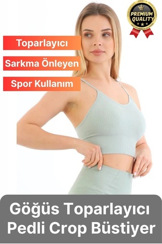 Svein Göğüs Toparlayıcı Sarkma Önleyen Gündelik Spor Kullanım İnce İp Askılı Pedli Çizgili Crop Büstiyer Mint