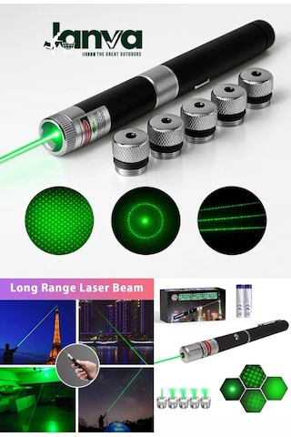 5 Başlıklı Yeşil Lazer Pointer Pilli 50 Km Etkili 5 Başlıklı Siyah