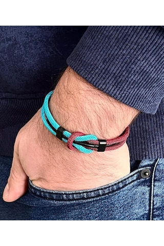 Çift Renkli El Yapımı Taraftar Bilekliği Makrome-%100 Deri Kombin Unisex Bileklik Net 21 Cm Bordo - Mavi
