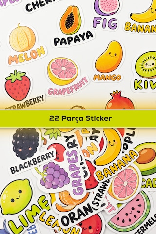 İngilizce Meyveler Sticker Paketi 22 Parça Kaliteli Su Geçirmez Etiket Seti Çok Renkli
