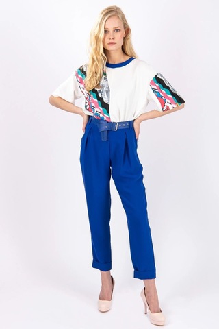 Kadın Asimetrik Desenli Kısa Kollu Bluz Frn1006 Mavi