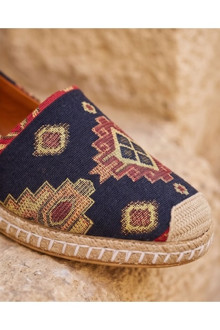 Futsishoes Vıola Lacivert Hakiki Deri Kilim Desenli Kadın Etnik Desen Espadril Ayakkabı