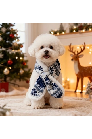 Elmpaly Mavi L Desenli Yumuşak Tüylü Köpek Atkı Kazak Yelek Kışlık