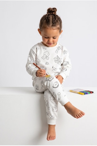 Minipomes Yıkanabilir Boya Hediyeli Colorbook Uzun Kol Çocuk Pijama Takım Beyaz