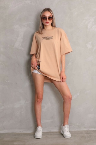 Wear Vexel Kadın Bisiklet Yaka Baskılı Oversize Kısa Kol T-shirt - Bej Bej