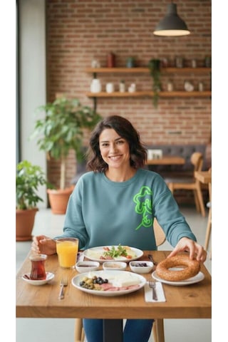 Diagonel Kumaş Çiçek İşlemeli Sweatshirt Yeşil Yeşil
