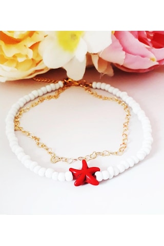 Altın Kaplama Kalpli Zincir Beyaz Kesme Boncuk İkili Kadın Deniz