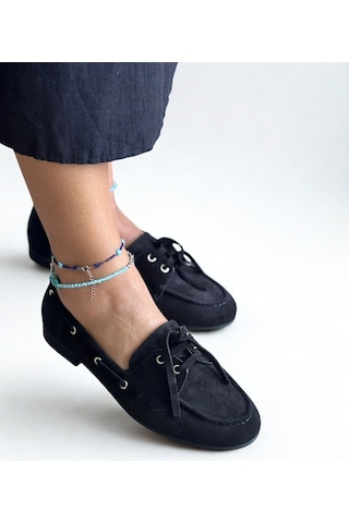 Ne&ve Shoes Siyah Süet Hakiki Deri Bağcıklı Makosen Kadın Kolej Loafer