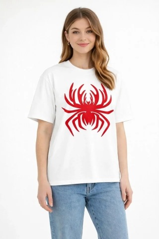 Hazego Örümcek Baskılı Tişört Kısa Kollu Bisiklet Yaka T-shirt - Beyaz