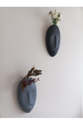 Dekoratif 2'li Yüz Duvar Vazosu, Duvar Süsü ,heykel Aksesuar Siyah Gri