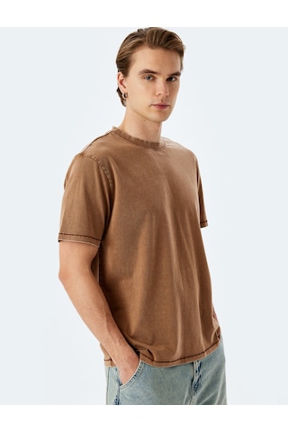 Koton Pamuklu Yıkamalı Regular Fit Kısa Kollu Bisiklet Yaka Tişört Kahverengi 5sam10190hk Kahve