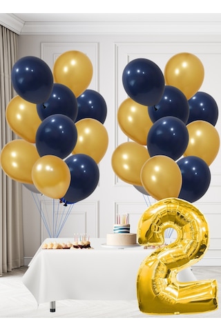 2 Yaş Sarı Lacivert Taraftar Temalı Doğum Günü Seti Altın Kozmik Lacivert Balonlar Altın Folyo Rakam Altın