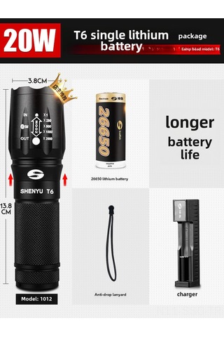 Springsun Alüminyum Dayanıklı Led El Feneri - 20w 2500mah 26650 Li-poly Pil, 200-500m Uzak Ateş, Taşınabilir Ev Ve Outdoor Kullanıma Uygun