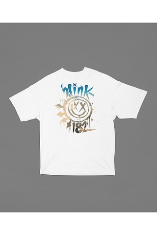Blink 182 Gülen Yüz Baskılı Unisex Oversize Tişört Beyaz