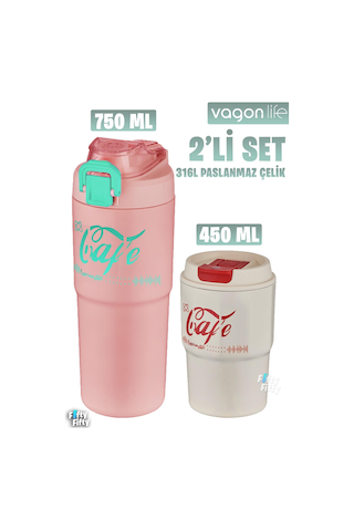 Vagonlife 2'li Çelik Termos-kahve Bardağı Seti 750ml Çift Kullanım Termos//450ml Mug Kahve Bardağı Pembe - Beyaz