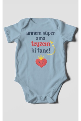 Morivokids Annem Süper Ama Teyzem Bi Tane Kısa Kollu Bebek Body %100 Pamuk Bebe Mavisi