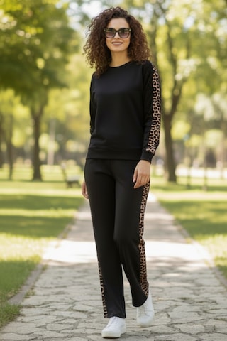 Trend Alisse Bisiklet Yaka Leopar Garnili Esnek Cepli Modal Takım Siyah