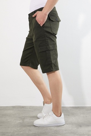 Erkek Lacivert Renk Kargo Yandan Cepli Esnek Kumaş Slim Fit Kapri Şort Haki