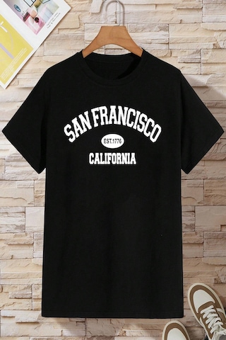 Pamuklu San Francisco Baskılı Oversize T-shirt Siyah