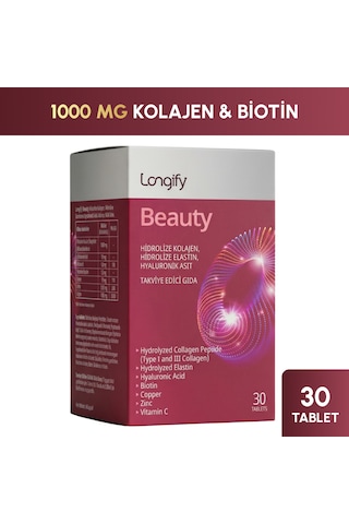 Longify Beauty Hidrolize Kolajen Tip 1 Ve Tip 3, Hidrolize Elastin, Hyaluronik Asit, Biotin, Vitamin C, Çinko, Bakır Takviye Edici Gıda 30 Tablet
