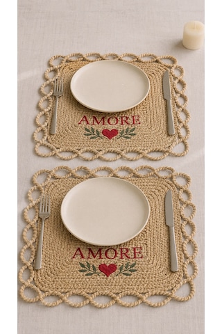 Home İnn Amore Nakışlı Doğal Hasır Amerikan Servisi 2 Li Set Sevgililer Günü Özel Natural