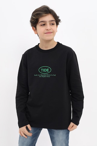 Toontoy Kids Toontoy Erkek Çocuk Oversize Bisiklet Yaka Hafif Düşük Omuz Baskılı Uzun Sweatshirt - 2 İplik Siyah