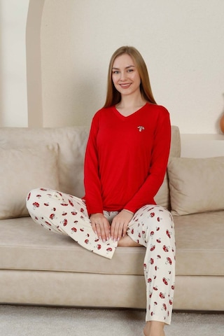 Kadın V Yaka Düğmesiz Mantar Desen Likralı Viskon Mevsimlik Uzun Kol Pijama Takımı Kırmızı