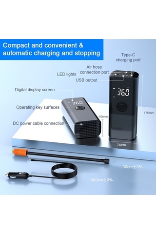 Fortunelane Siyah Akıllı Pompa - Otomatik Kesme, Led Işık, Usb Powerbank, 5 Modlu, 150psı, Araçlı