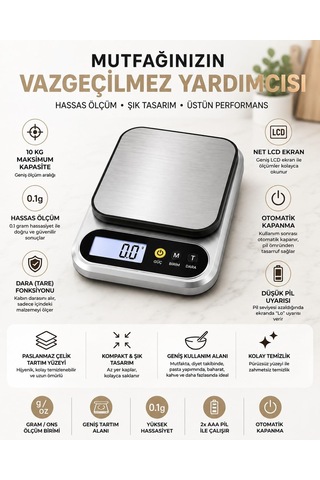 10 Kg Dijital Hassas Mutfak Tartısı - Lcd Ekranlı, Paslanmaz Çelik Tartım Yüzeyi, Dara Tare Fonksiyonlu, Gram & Ons Ölçüm, 2x Aaa Pilli Çok Renkli