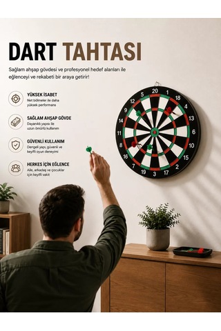 17 İnç Ahşap Dart Tahtası, 4 Adet Metal Uçlu Dart Oku Ve Askı Aparatı Mh-hs5124-2376