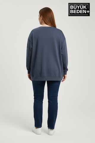 Süperlife Kadın Büyük Beden New York Baskılı Bisilet Yaka İnce Sweatshirt Spr26bswk956-5 İndigo