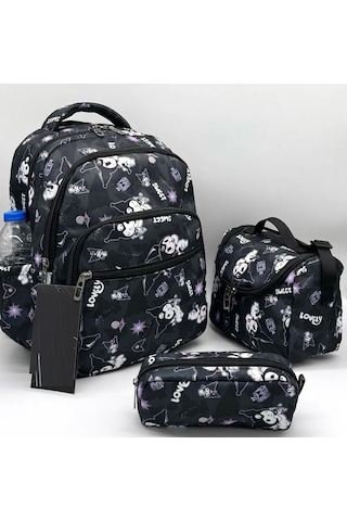 3lü Set Okul Çantası Lüx Okul Çantası Kromi Siyah