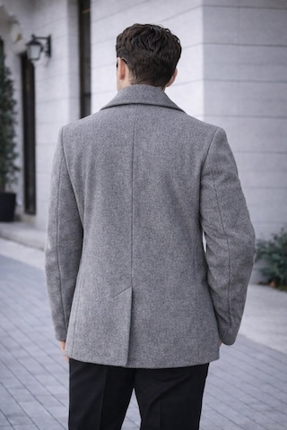 Erkek Casual Kruvaze Midi Boy Kaşe Kaban - Modern Kesim O. Gri Kaşe