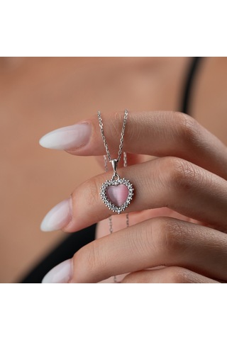 925 Ayar Gümüş Taşlı Bombeli Kedi Pembe Gözü Kalp Kolye Gümüş