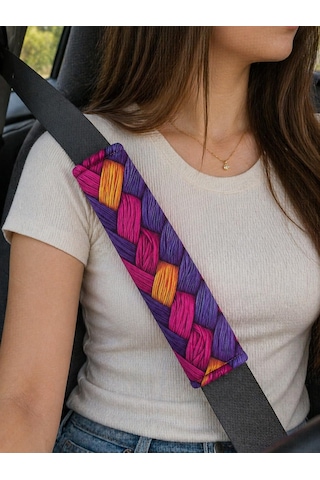 Lexroo Dijital Baskılı Emniyet Kemeri Pedi, 26 Cm, Yumuşak Süngerli, Mor Ve Pembe Örgü Desenli