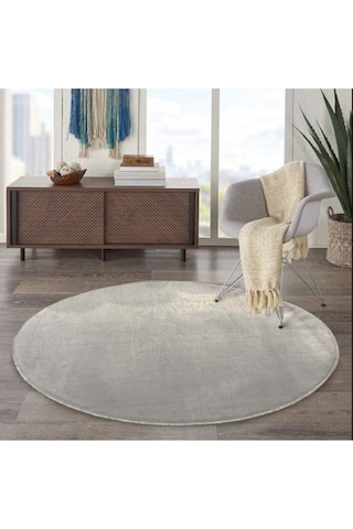 Yuvarlak Comfort Overloklu Gri Peluş Halı Gri