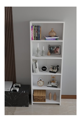 5 Raflı Kitaplık Dekoratif Çok Amaçlı Düzenleyici Raf 150 Cm Salon Çalışma Odası Raf Beyaz