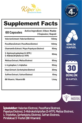 Kiperin Calm ''relax'' Passiflora, Safran, 5-htp, Valerian, ... 9 İçerik 30 Günlük Akıllı Gıda Takviyesi