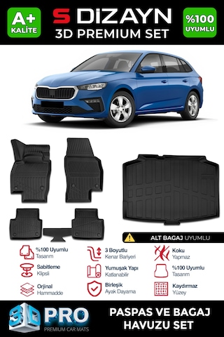 S-dizayn Skoda Scala 3d Pro Havuzlu Paspas Ve Bagaj Havuzu Seti 2'li Set 2019 Üzeri A+ Kalite