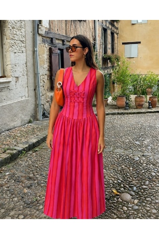Asurboutique Asur Butik Kadın Fuşya Pembe Çizgili V Yaka Midi Elbise Kolsuz Yazlık Günlük Şık Elbise