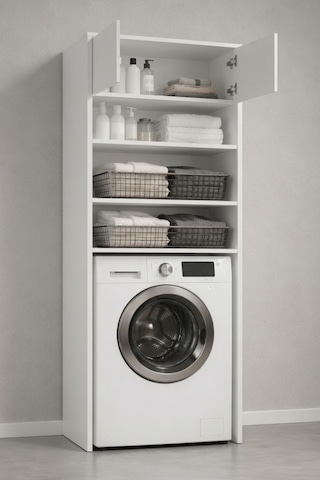 Rudu Lavin Çok Amaçlı Banyo Dolabı Düzenleyici 66x65x190 Cm 2 Kapaklı 4 Raflı Beyaz