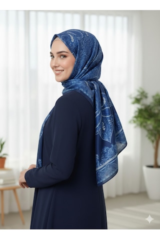 Premium Lux Original Etnik Desen Şal Vual İpek, 1. Sınıf, Hafif, Rahat, Şık, Tesettür Giyim Mavi - Lacivert